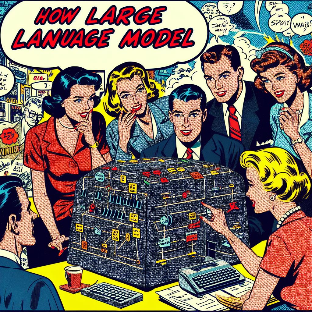 An AI-generated image of a group of 50's comic-book style people gathered around a computer-like device with text that almost says "How large language model?" but is actually nonsense AI-words.