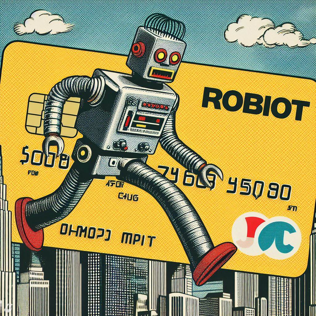 An AI-generated image of a robot with a credit card in the background.
