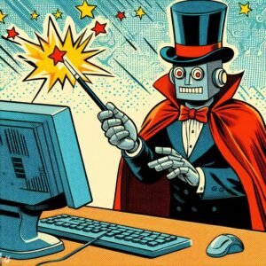 An AI-generated 50s comic-book-style robot dressed like a magician holds a wand.
