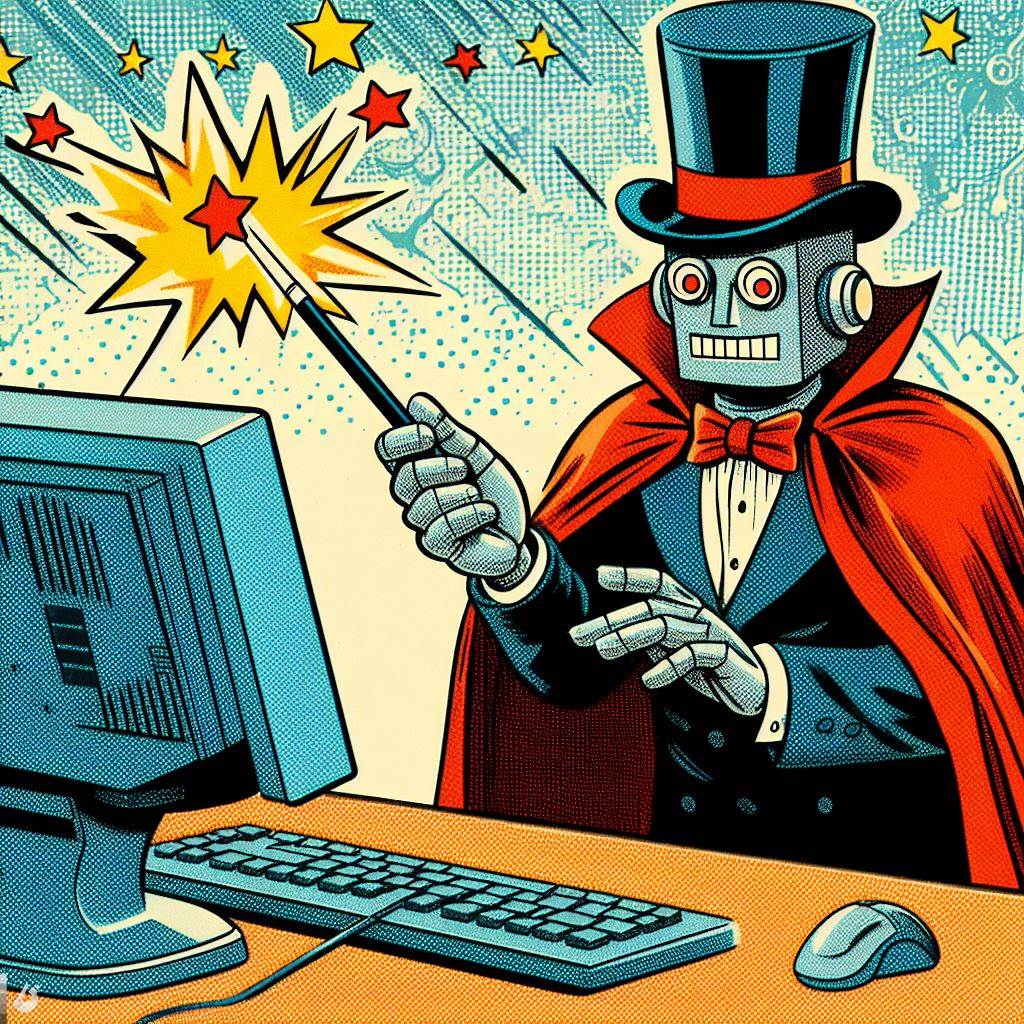 An AI-generated 50s comic-book-style robot dressed like a magician holds a wand.