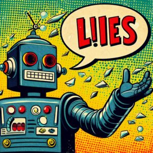 An AI-generated comic book image of a robot shouting a word that looks like "Lies!" while throwing confetti.