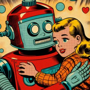 An AI-generated 50s-style comic-book robot holds a girl who is hugging it.