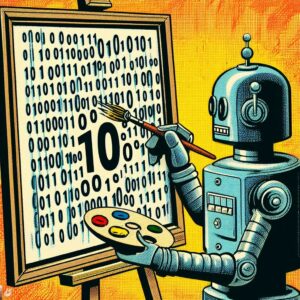 An AI-generated image of a 50s-style comicbook robot painting ones and zeroes.