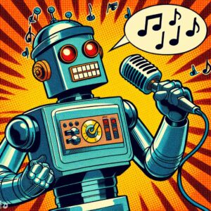 An AI-generated comic book image of a robot singing into a microphone.