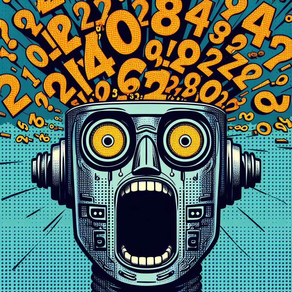 An AI-generated comic book image of a robot with mouth agape as number explode out its head.
