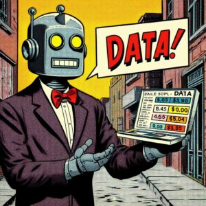 An AI-generated comic book image of a robot saying "Data!" while holding a laptop. It looks like it's selling something.