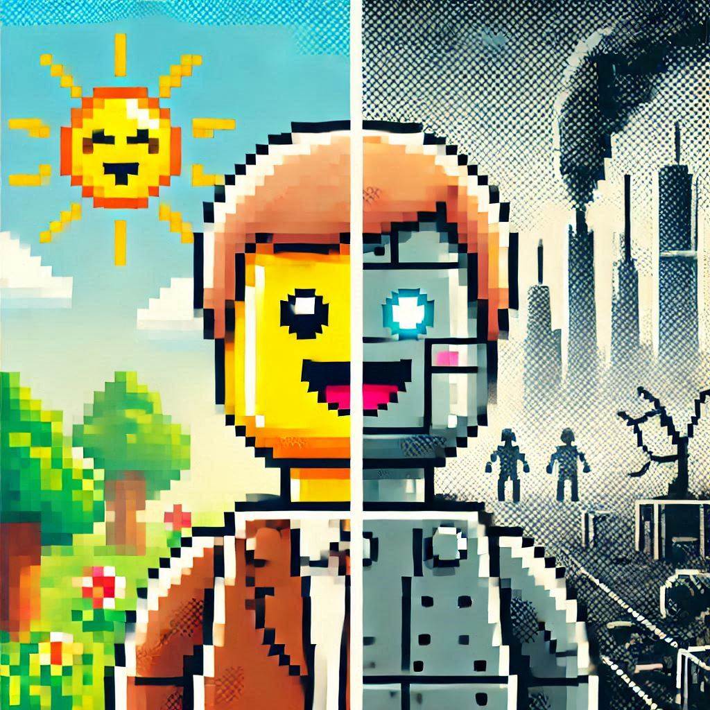 An AI generated image showing a pixelated lego character. Half the image is utopian, the other half is dystopian.