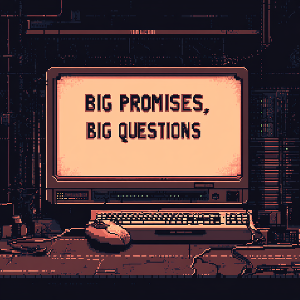 An AI-generated image of a pixelated computer with a screen that says big promises, big questions.