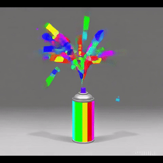 An AI-generated image of a spray paint can. Weird colorful streamers sprout from the top.