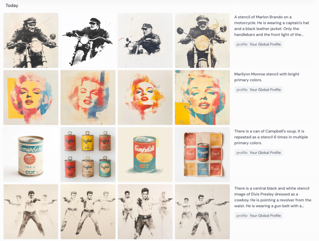 A set of AI-generated thumbnails. Each row represents a quick attempt to imitate a Warhol image. The first row is Marlon Brando on a motorcycle. The second row is Marilyn Monroe in bright colors and the third rows are some brightly colored soup cans.