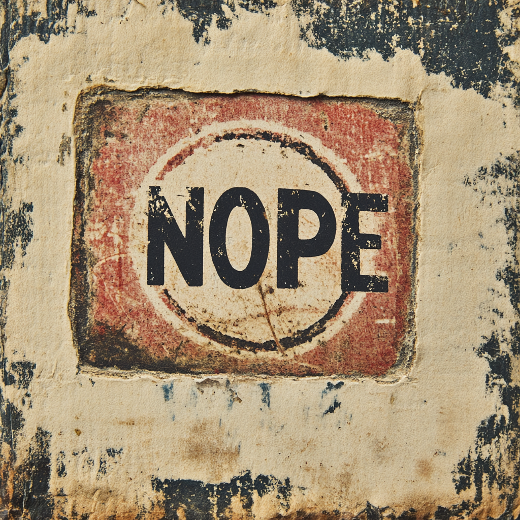 An ai-generated image of the word Nope on a battered organic and distressed looking wall.