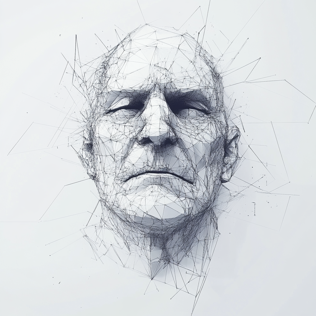 An AI-generated face composed of polygons.