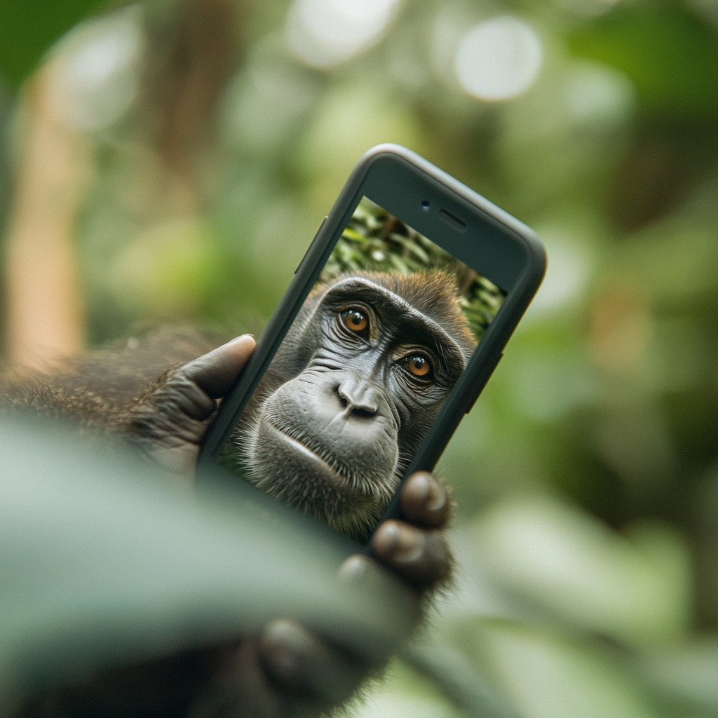 An AI-generated image of a monkey. It is a selfie-style photo of a Celebes crested macaque. The macaque is smiling awkwardly and its arm is holding the phone as it takes a picture of itself. The background is bokeh jungle foliage.