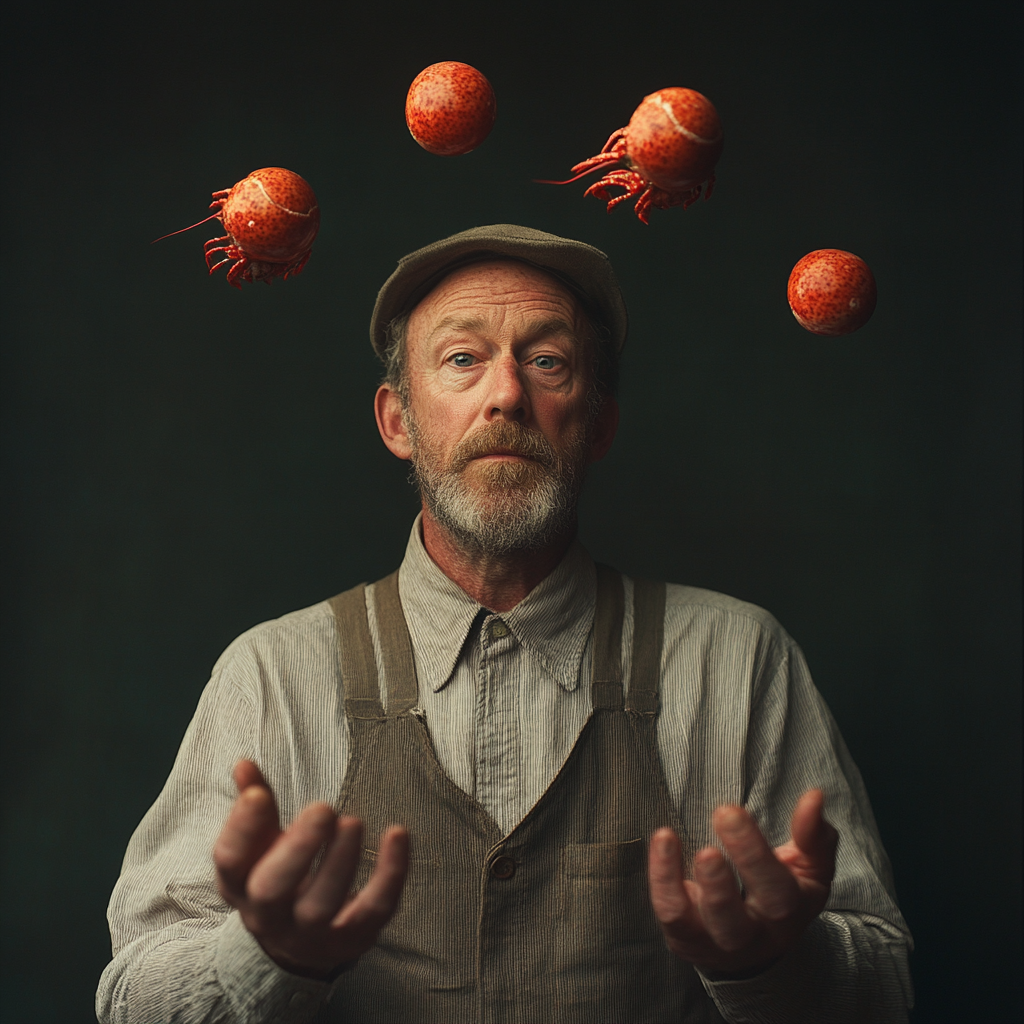 An AI-generated image of man in a vest juggling what are supposed to be lobsters but look more like tennis balls with tentacles.