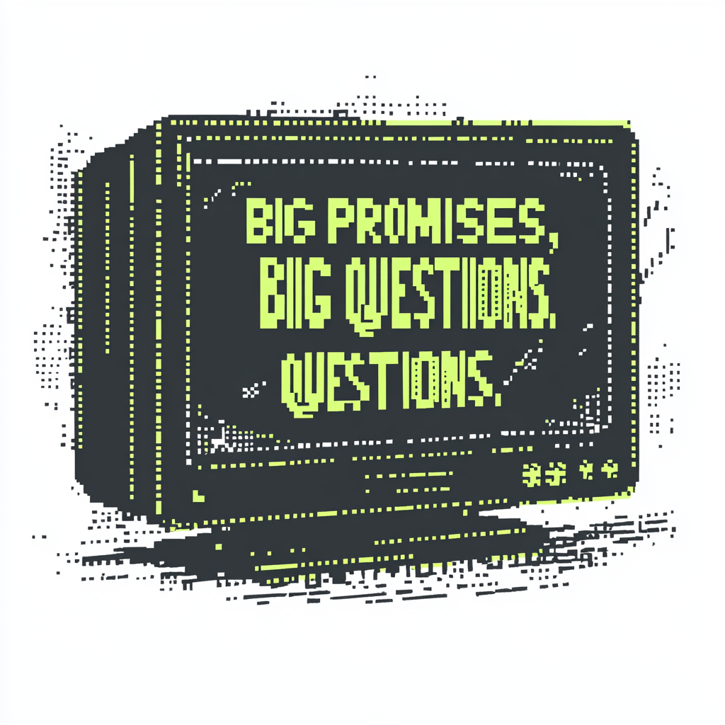 An AI-generated image of a computer with a garbled big promises, big questions on the screen in green text.