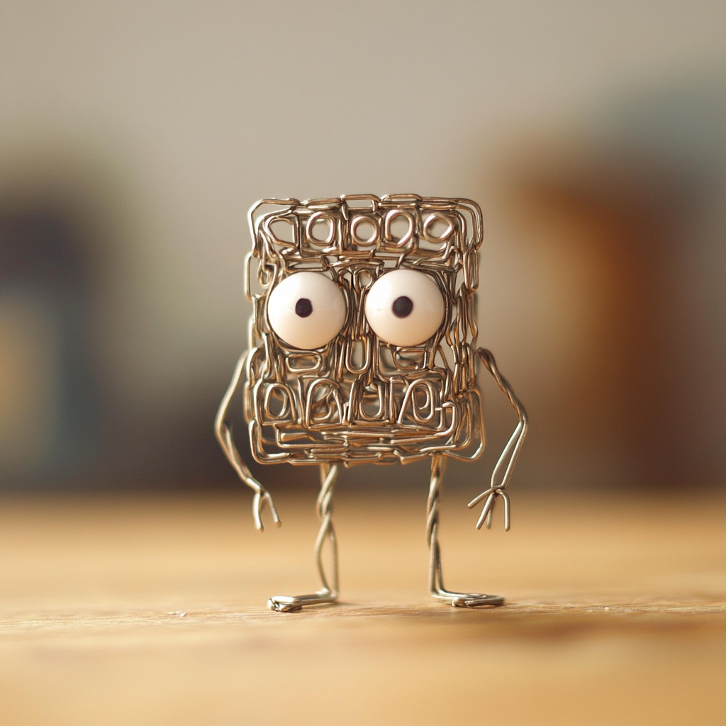 An AI-created image that shows a bunch of paperclips bent to form a robot-like shape. It has big cartoon eyes. It's mean to be like an advanced version of Clippy. Clippy was a talking paperclip Microsoft used to help people but that everyone hated.
