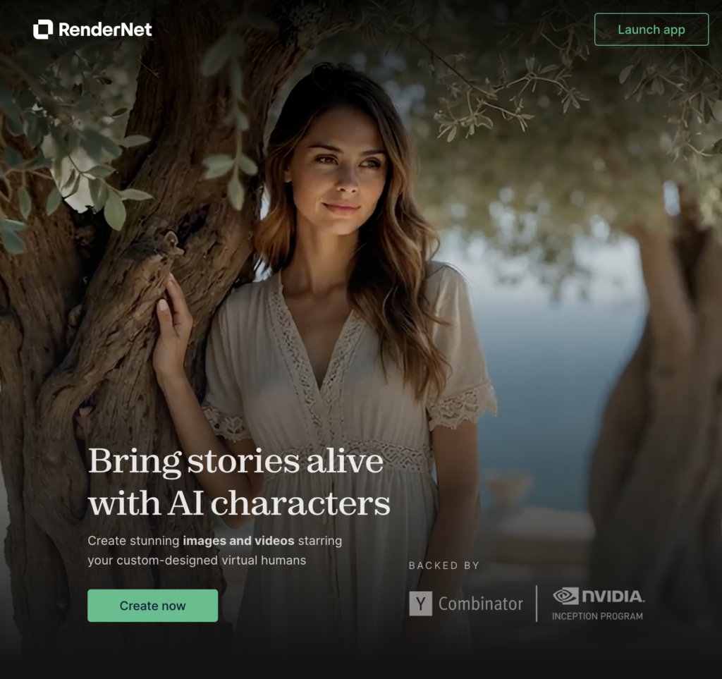 A screenshot of RenderNet a service offering custom-designed virtual humans.