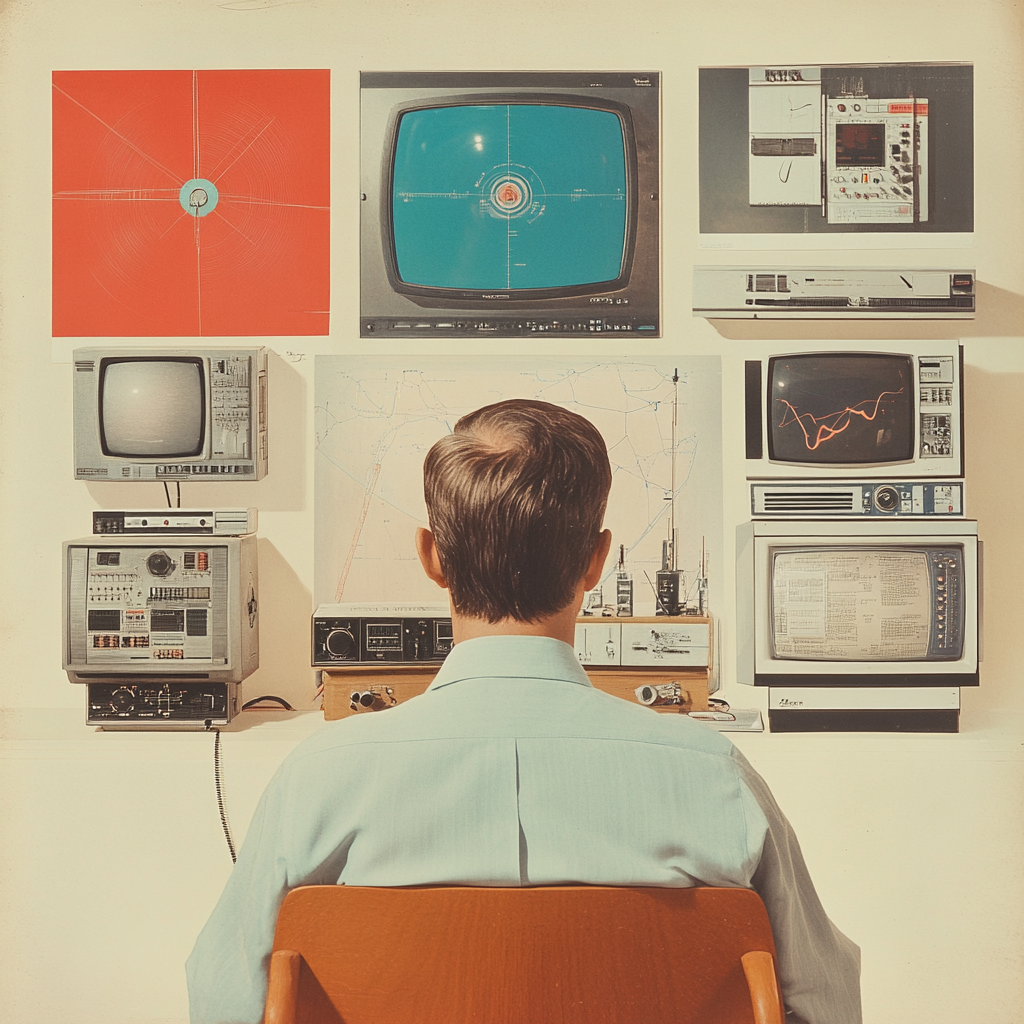 An AI-generated image that is supposed to show 1950s-style futuristic ad celebrating data tracking in online video streaming products. It shows the back of a man sitting in a chari and a weird assortment of older tv displays are on the wall in front of him.