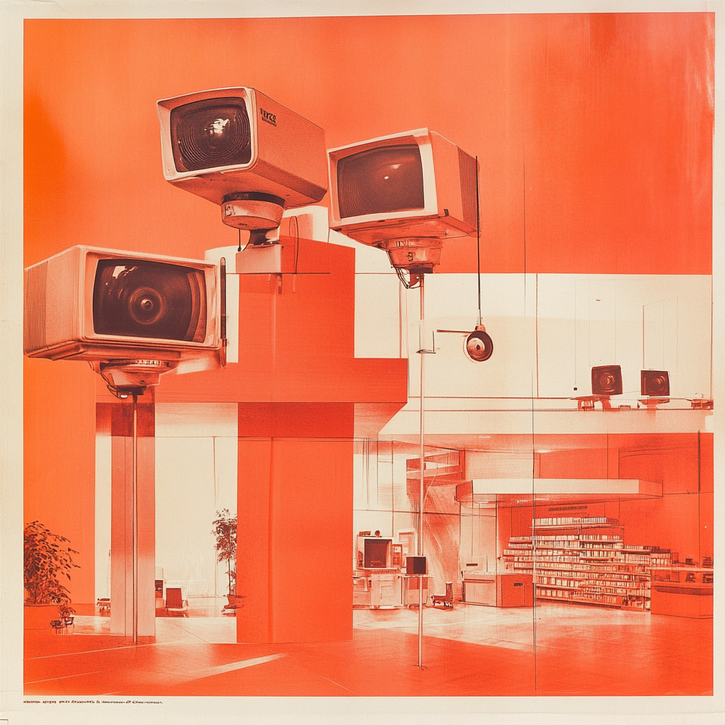 An ai-generated image showing multiple surveillance cameras over a futuristic store background. Strong orange colors predominate.