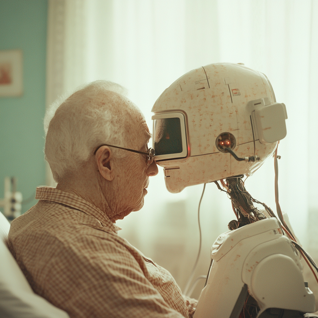 An ai-generated image of a creepy robot head face-to-face with an older man. Their foreheads are touching.