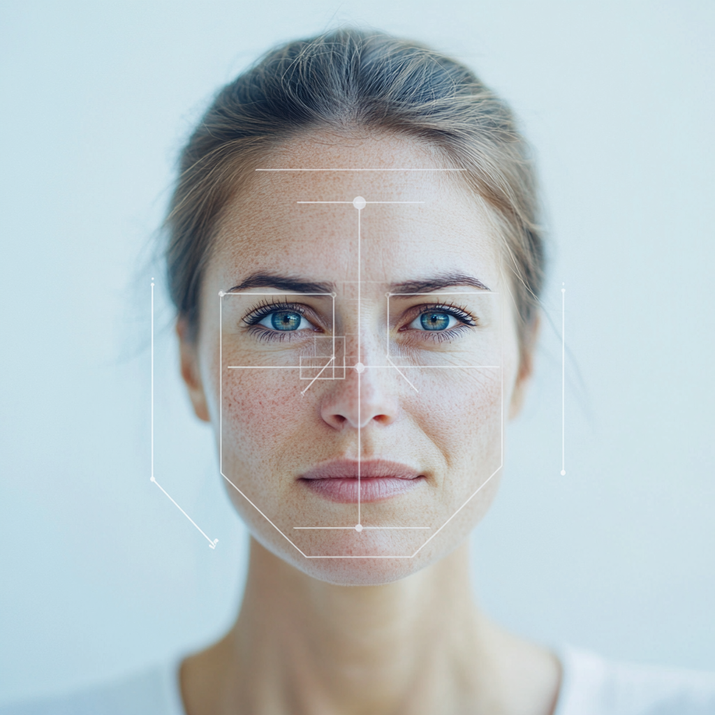 An AI-generated image of a woman with some lines representing an analysis of facial features.