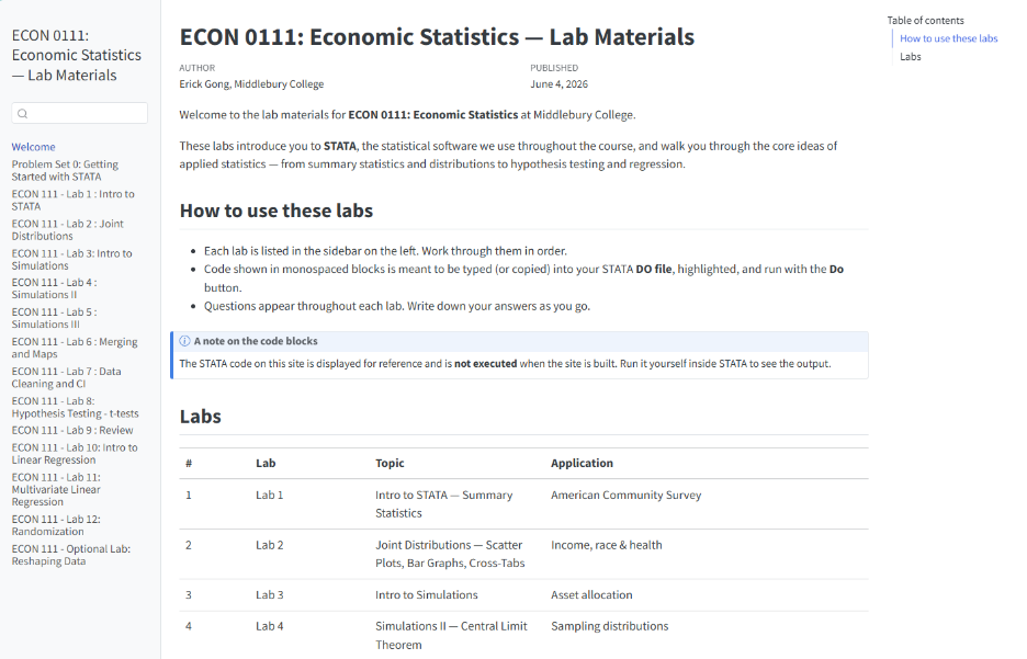 Screen shot of Econ 0111: Economic Statistics - Lab Materials web site that Erick created for his students