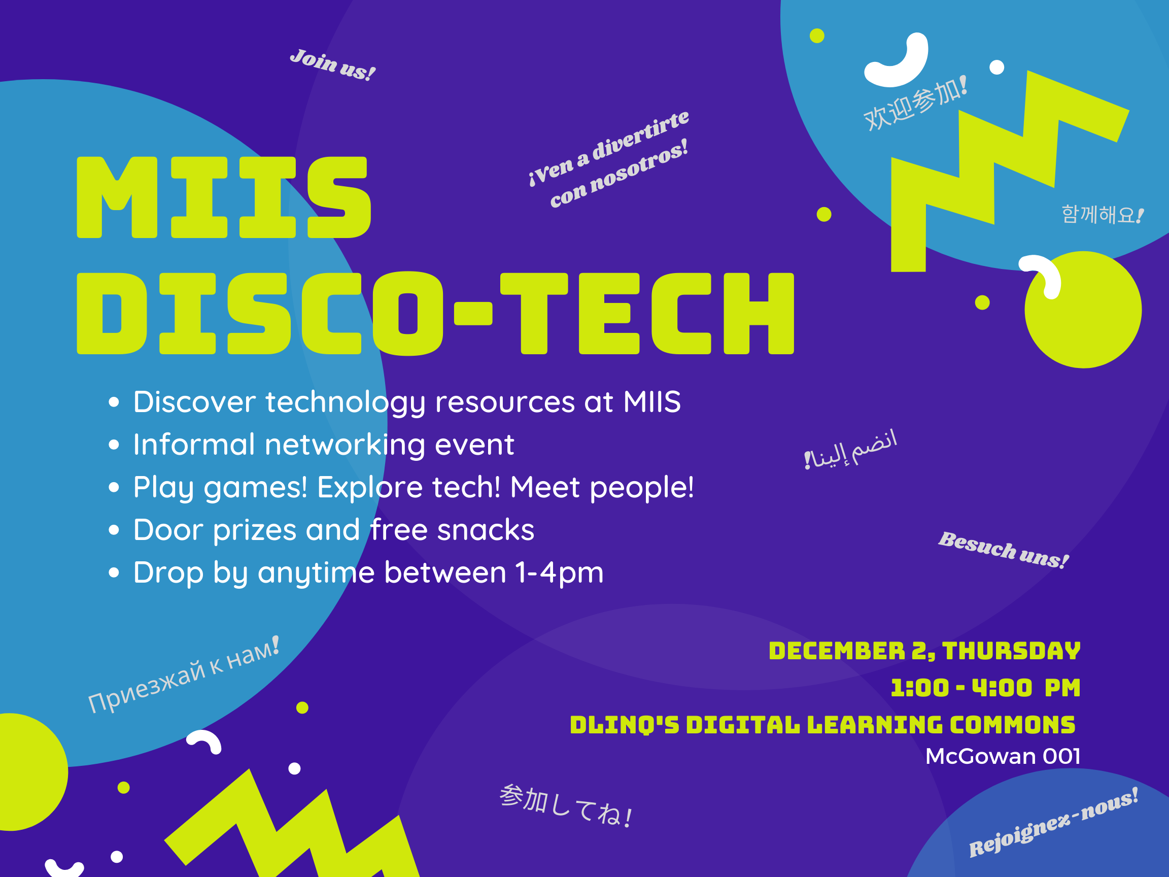 MIIS Disco-Tech event featured image. Join us December 2, 2021, anytime between 1 and 4pm PT