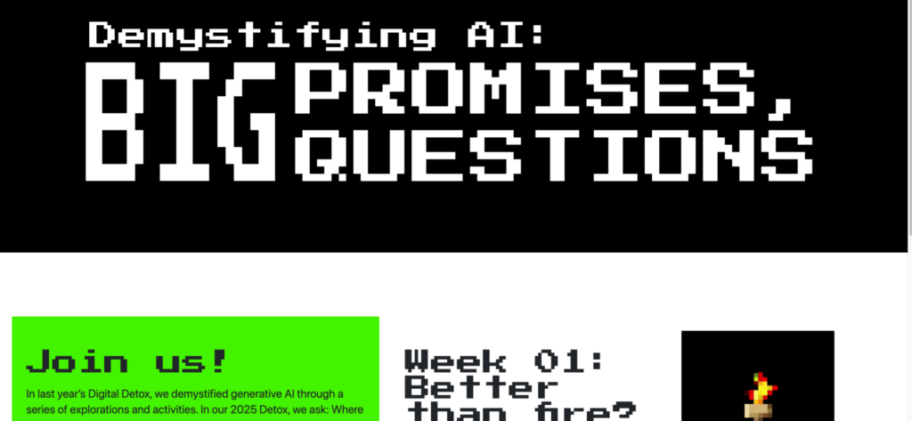 A screenshot of the Demystifying AI: Big promises, big questions website.