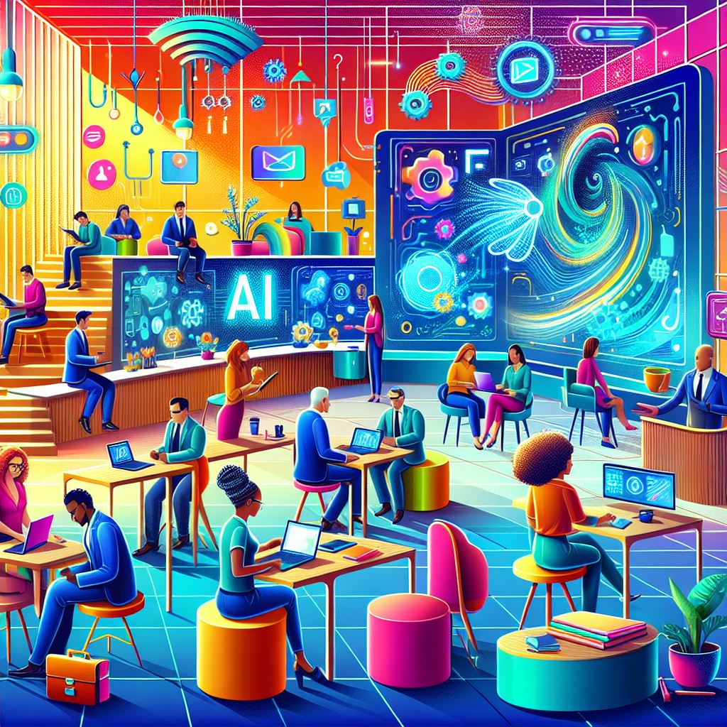a colorful and futuristic image of people sitting at laptops individually or in pairs, talking and working